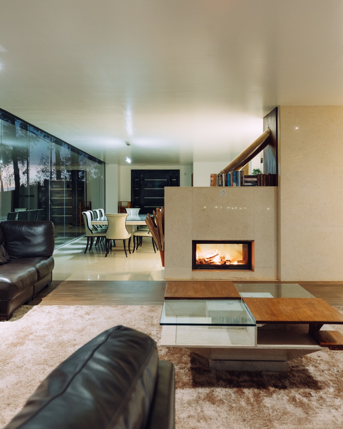 A modern living area is depicted with a sleek double-sided glass fireplace, providing warmth and light. Comfortable seating is arranged around a low wooden table. The background reveals a dining area with a round table and chairs, complemented by expansive glass walls that enhance the space.