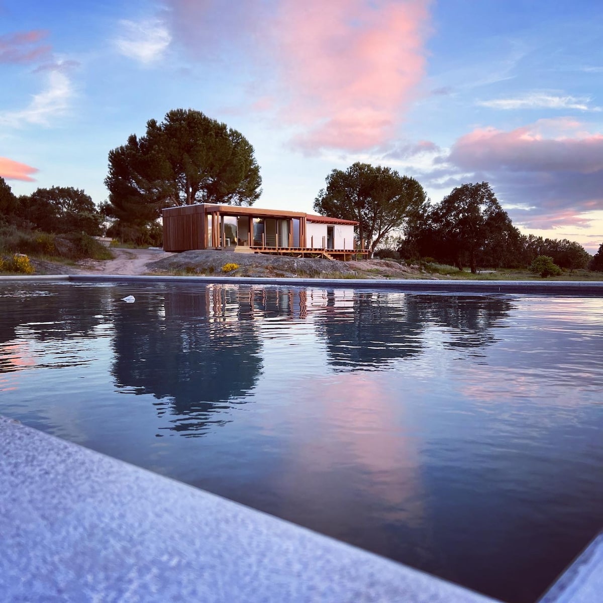 The image captures a modern cottage set against a serene landscape, with a tranquil pool in the foreground reflecting the structure and the soft colors of the sky. Tall trees and lush greenery frame the scene, accentuating the natural surroundings.