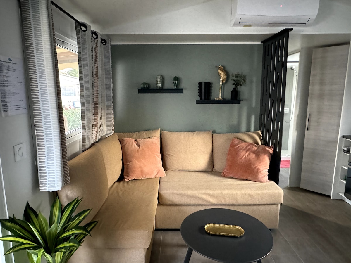 A comfortable lounge area features a light-colored sectional sofa adorned with two orange cushions. A round black table sits in front of the sofa, complemented by a small potted plant nearby. Shelves display decorative items against a muted green wall, with soft lighting enhancing the space.
