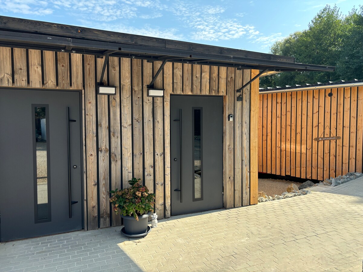 A modern exterior of a building is highlighted by wooden paneling and sleek black doors. Two entrance doors are visible, framed by minimalist lighting fixtures. A potted plant adds a touch of greenery at the base of the wall, complementing the natural surroundings.