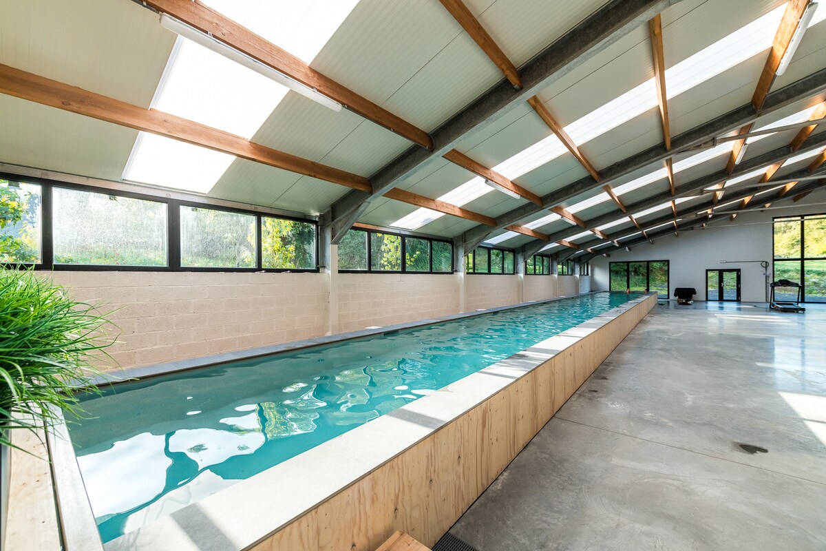 A spacious indoor area houses a 25-meter swimming pool, characterized by clear blue water. Skylights allow natural light to flood the space, highlighting the smooth concrete floors and wooden beams overhead. Large windows provide views of the surrounding greenery.