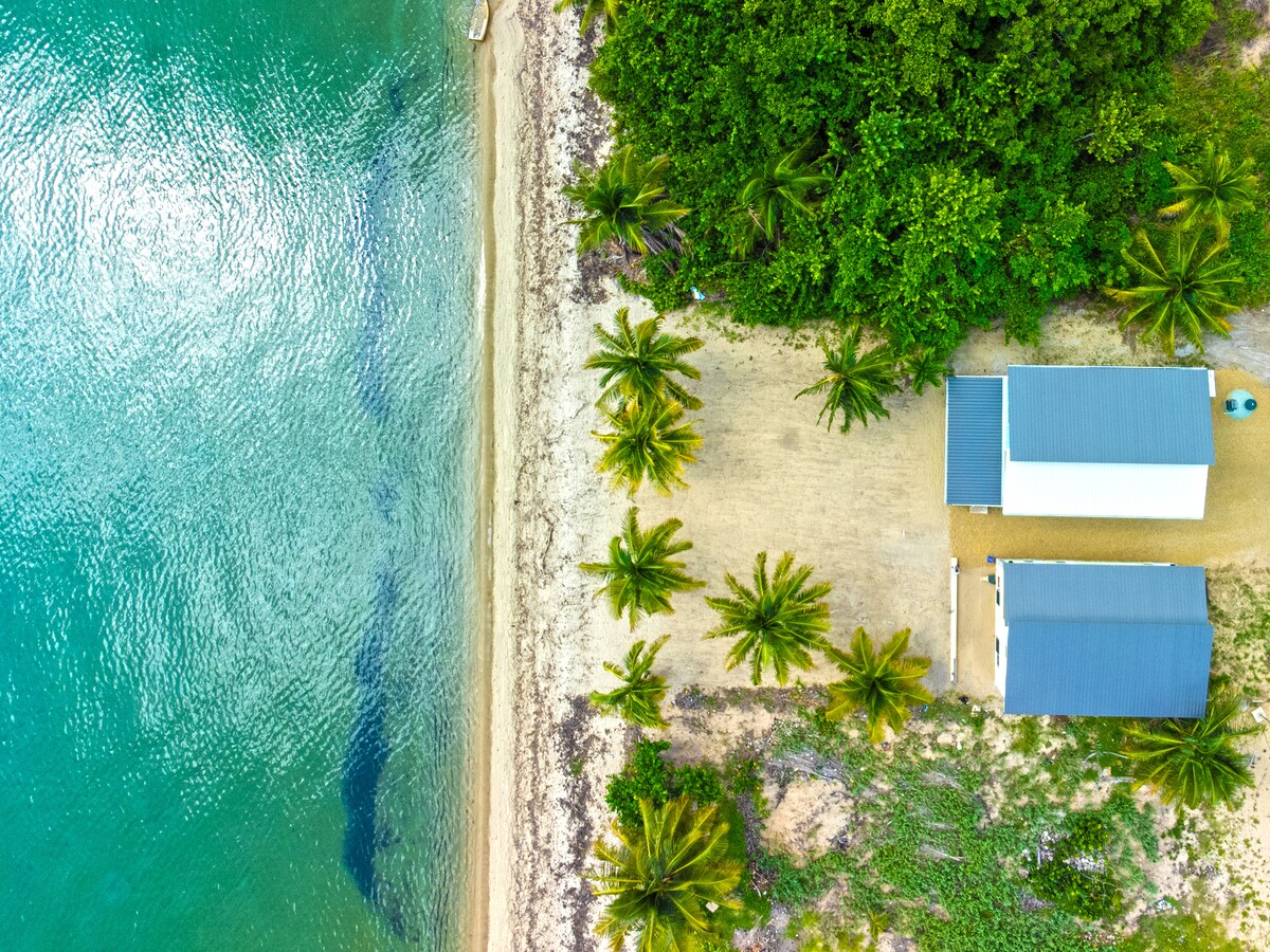 An aerial view captures the property’s proximity to the beach, with a sandy shoreline meeting calm turquoise waters. Lush palm trees line the edge, providing a tropical feel. A white house with a gray roof is positioned among greenery, creating a serene atmosphere.
