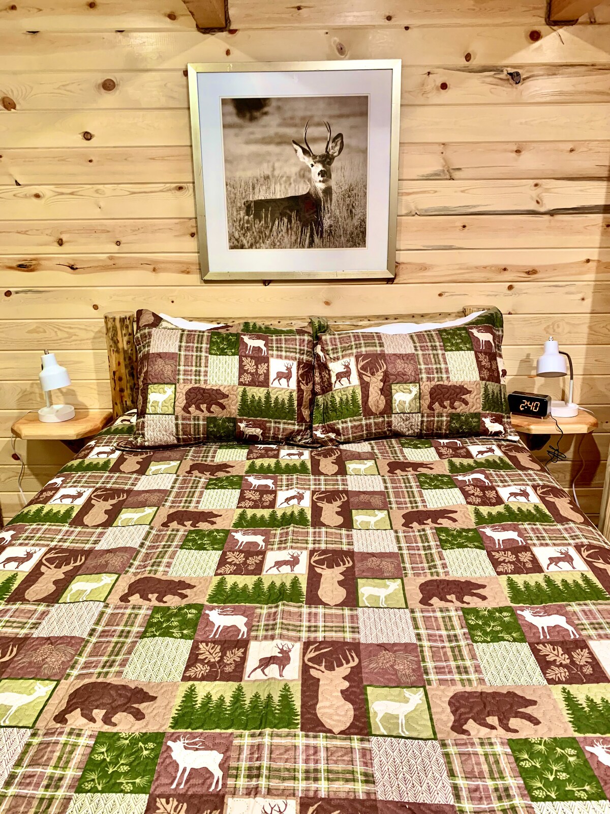 A cozy wood-paneled bedroom with a queen-size bed featuring cabin-themed bedding and matching pillows. The room includes two small bedside shelves with lamps and simple wall décor, creating a warm and comfortable sleeping space. 