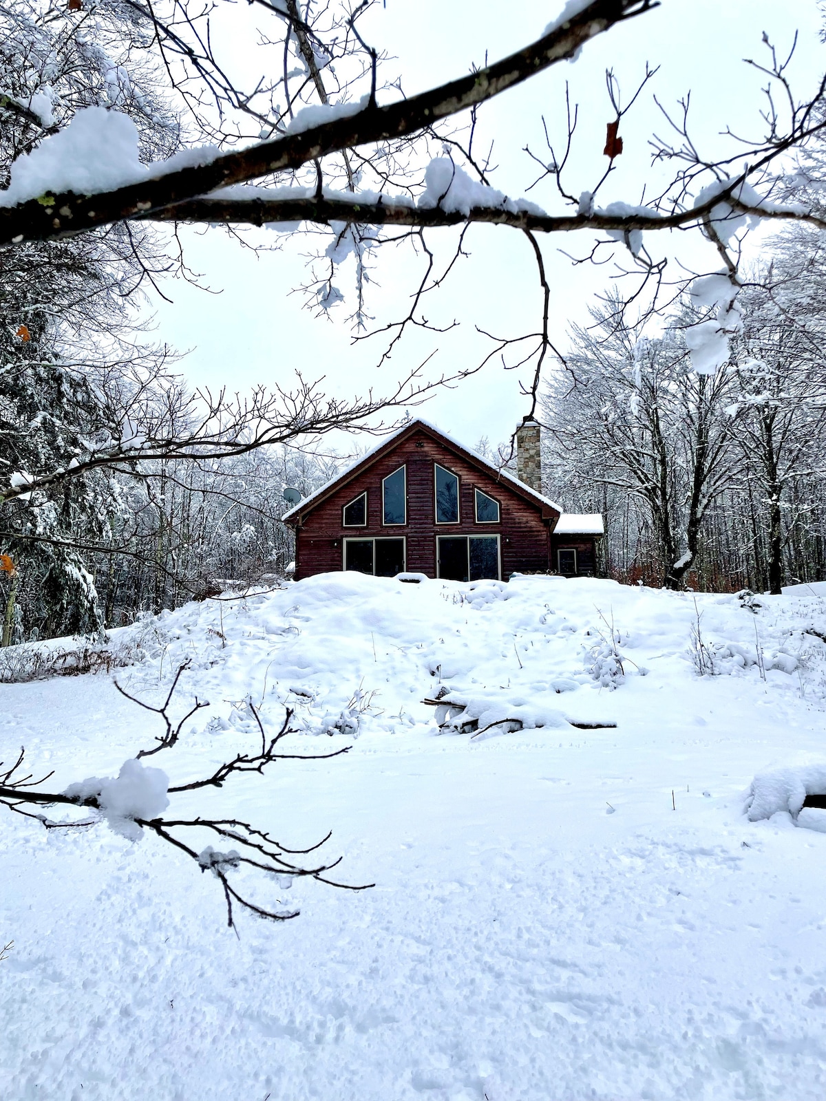 A chalet-style home is surrounded by a winter landscape, covered in a blanket of fresh snow. Large windows reflect the serene scenery, while a stone chimney rises from the roof. Bare trees frame the view, creating a tranquil, wintry atmosphere.