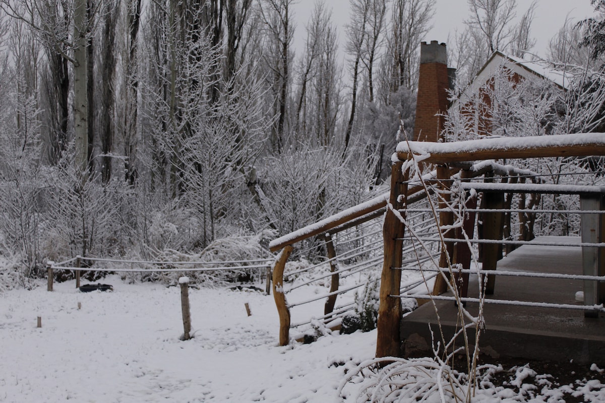 A snow-covered landscape showcases a wooden bridge leading to the entrance of a building. Frost-laden trees and shrubs surround the area, creating a serene winter environment. The path is bordered by rustic wooden posts, adding to the natural aesthetics of the setting.