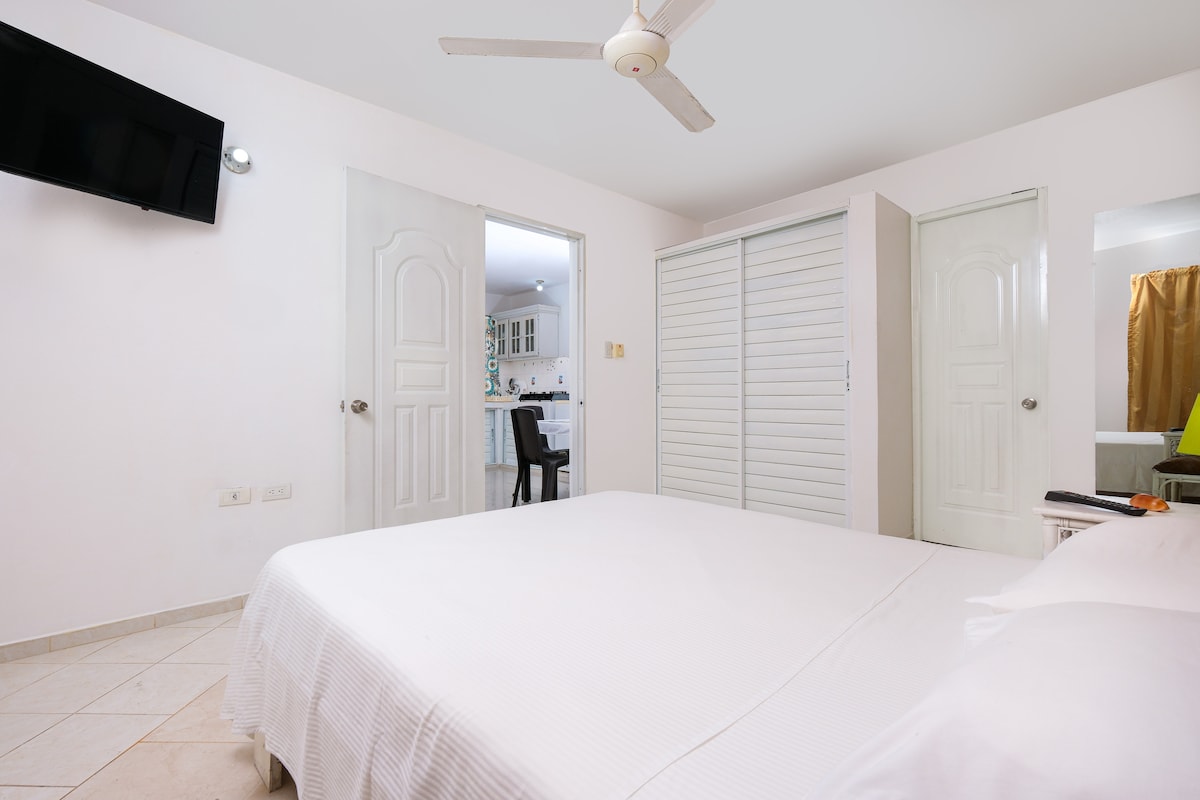 A spacious room features a queen bed with a white coverlet. A ceiling fan is mounted above, while a mounted flat-screen TV is positioned on the wall. A sliding closet is present, and an open door leads to a kitchen area with additional dining furniture.