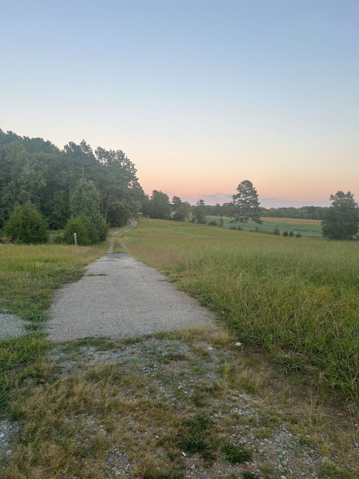 A gravel path stretches through a peaceful green landscape, bordered by tall trees on either side. The soft hues of a sunset create a calming backdrop, hinting at the serenity of the surrounding fields and nature.