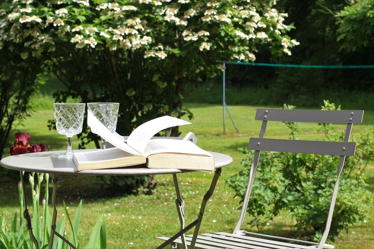 An outdoor table is set with an open book and two clear glass cups. A nearby chair is seen, surrounded by a verdant garden that includes flowering bushes. A clothesline is visible in the background, suggesting a peaceful setting for relaxation.