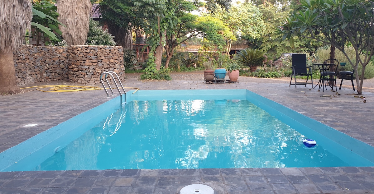 A serene swimming pool is framed by lush greenery, featuring a clear blue surface that reflects the surrounding nature. The pool area is paved with square tiles, and furnishings including a chair and potted plants are situated nearby, enhancing the relaxing ambiance.
