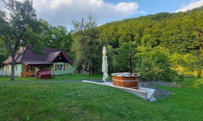 The exterior of the cabin is surrounded by lush greenery, featuring a wooden hot tub on a stone platform. A parasol provides shade, while the cabin displays a mix of natural tones. A small shed and various trees enhance the peaceful setting.