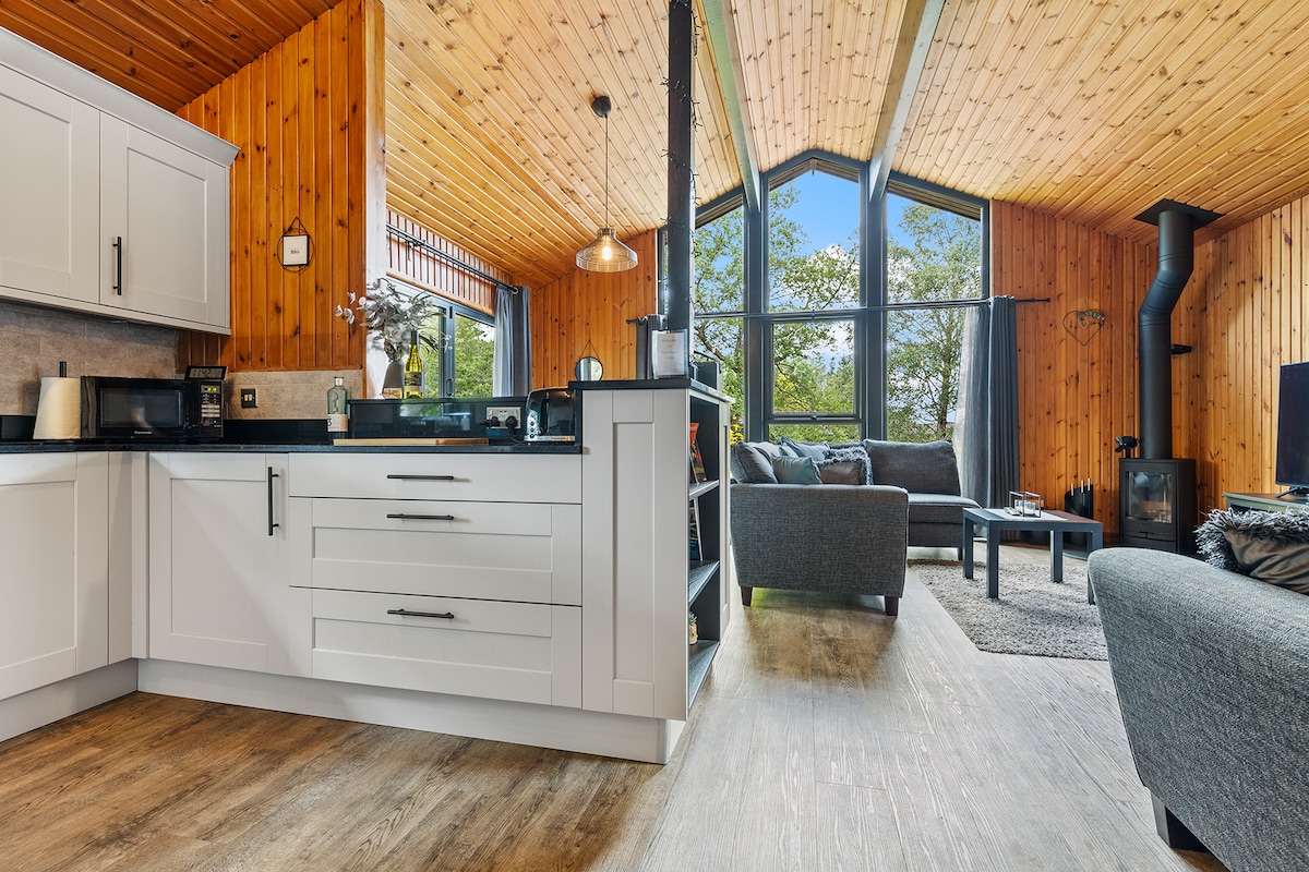 An open plan living space showcases a modern kitchen with sleek cabinets and countertop. Natural wood paneling complements large windows, allowing ample light into the cozy seating area that features a comfortable sofa and a log burner, enhancing the inviting ambiance.
