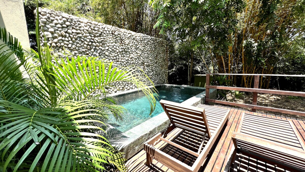 A private pool is surrounded by stone walls and lush greenery, featuring wooden decking with lounge chairs. Natural light highlights the tranquility of the space, creating a serene environment for relaxation amid nature.