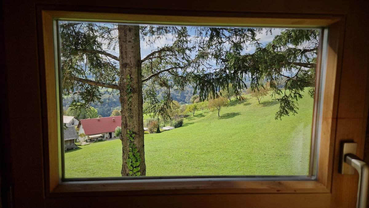 A large window frame presents a view of rolling green hills, dotted with trees and gentle slopes. The landscape is imbued with natural light, showcasing distant farm buildings with vibrant red roofs nestled among the greenery.
