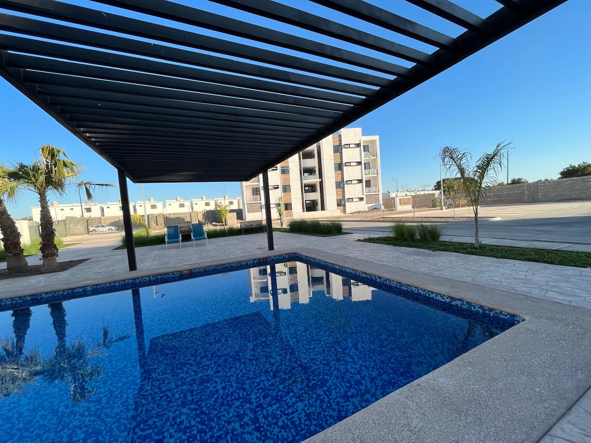 A rectangular pool is positioned under a structured pergola, with palm trees framing the area. Loungers are placed to one side, while surrounding greenery complements the concrete pavement. The background showcases a multi-story building with several residential units.