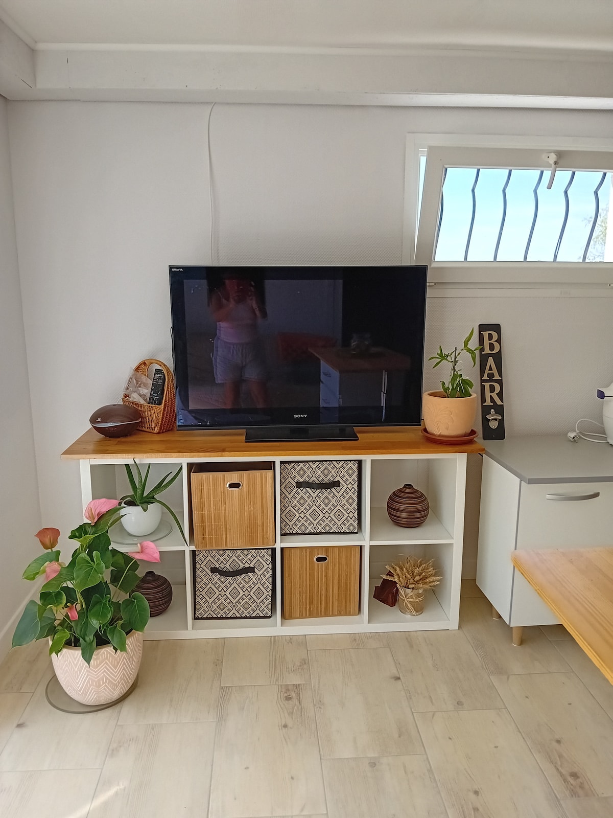 A light and airy living area features a television positioned on a white shelf. Below the TV, decorative storage boxes in natural tones are arranged, accompanied by a green potted plant. A sign on the wall labeled 'BAR' adds a charming touch to the space.