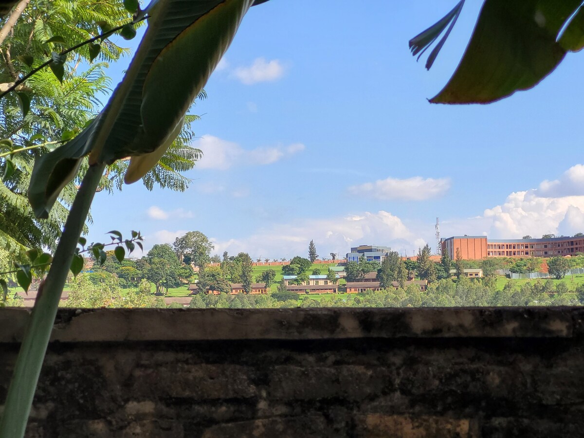 A panoramic view is presented, showcasing a lush landscape with trees and buildings in the distance. A stone wall frames the foreground, while green leaves from nearby plants add a natural element to the scene. The sky is clear with soft clouds.