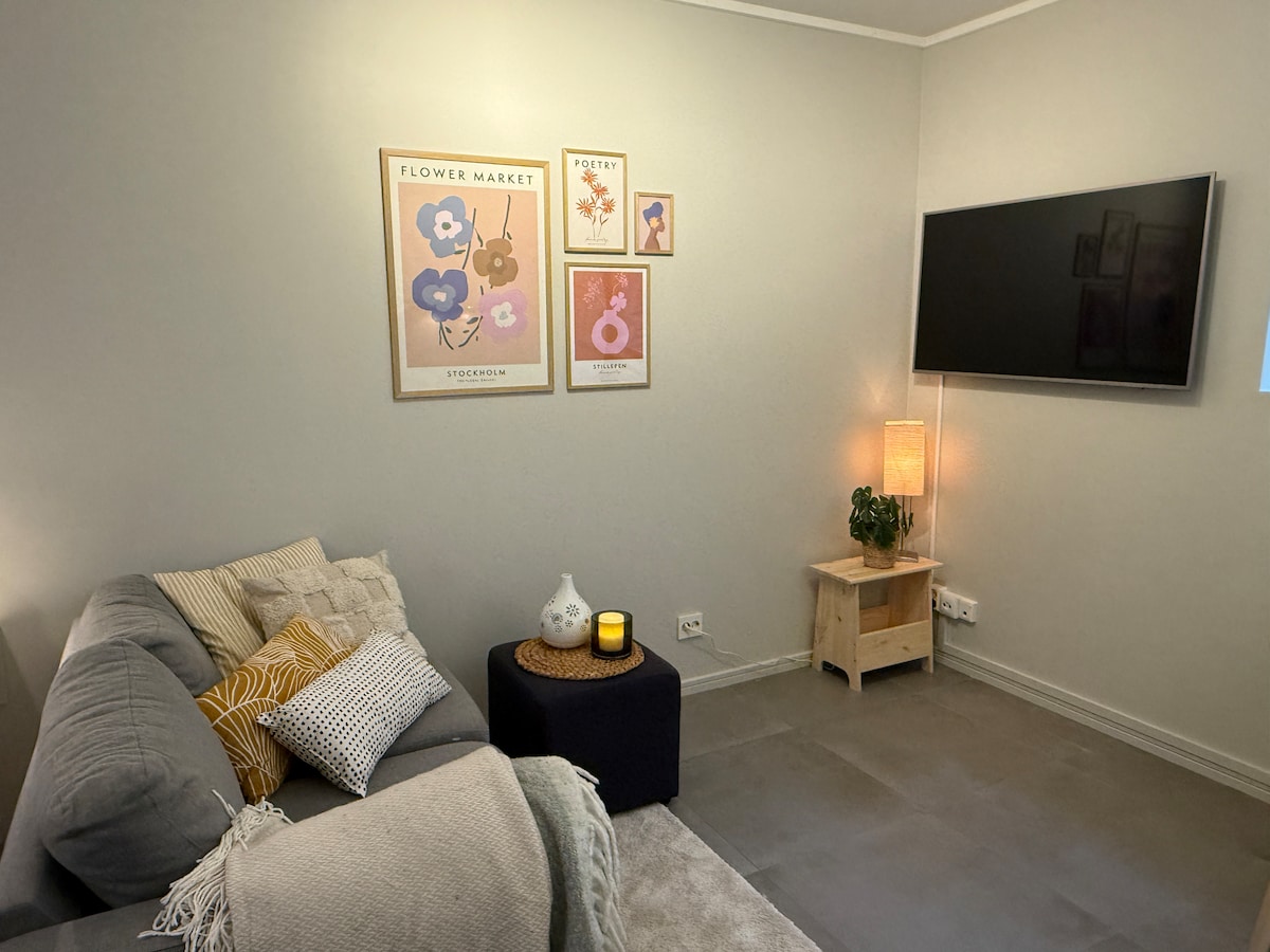 A comfortable seating area is highlighted by a gray sofa adorned with decorative pillows. Various artwork is displayed on the light-colored wall, while a modern television is mounted above a wooden side table. A soft rug lies beneath, adding warmth to the space.