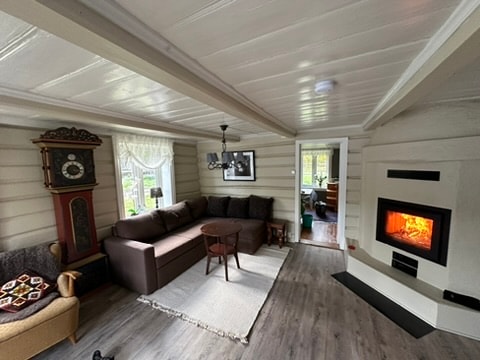 Oversiktsbilde i stua med sovesofa, peis og dør til kjøkken