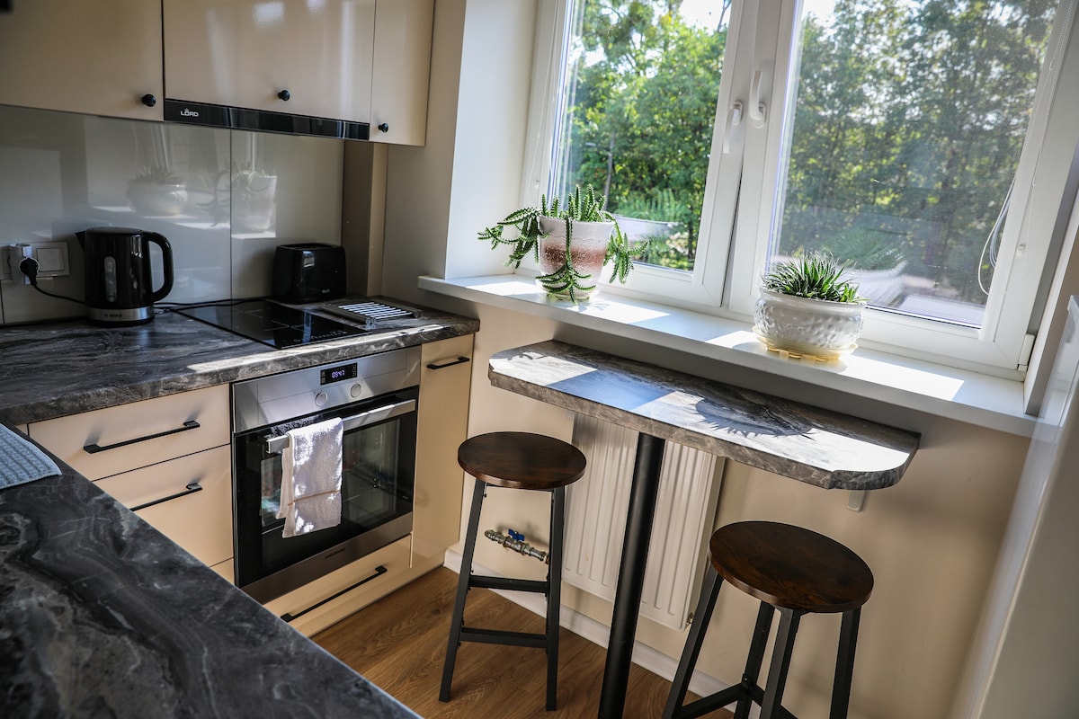 The kitchen features modern appliances, including a built-in oven and electric stove. A small dining area with two wooden stools is positioned beside a window, allowing natural light to illuminate the marble countertop and indoor plants.