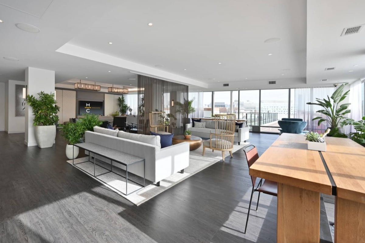 A spacious communal area features modern furniture arrangements including sofas and lounge chairs. Large windows provide ample natural light, and plants are placed throughout, contributing to a fresh ambiance. A wooden dining table is positioned nearby, enhancing the inviting atmosphere.
