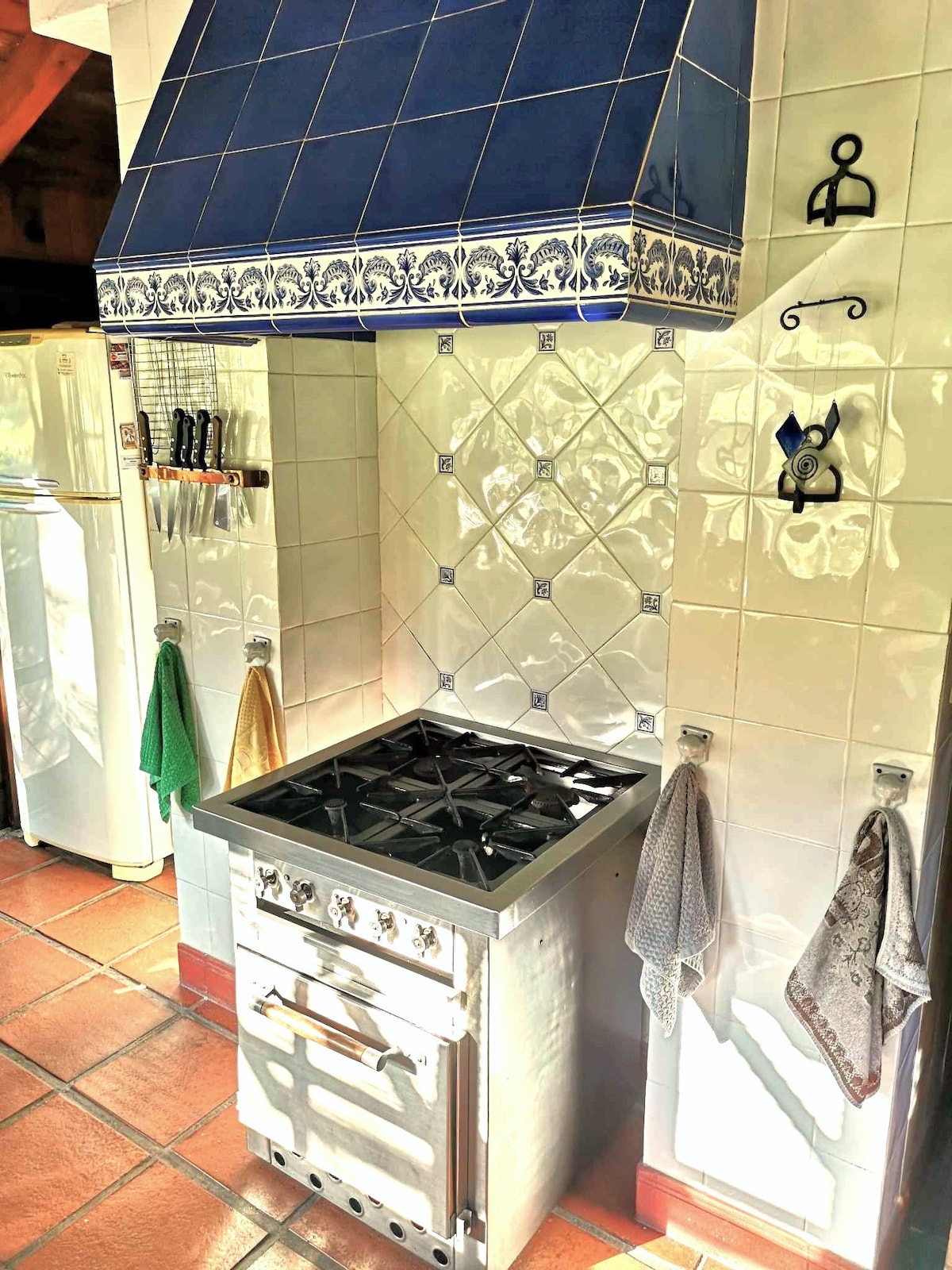 A rustic kitchen space is shown, featuring a stainless steel gas stove with a decorative blue and white backsplash. Cooking utensils are neatly arranged on the wall, complemented by hanging dish towels. A vintage-style refrigerator stands to the side, enhancing the room's charm.