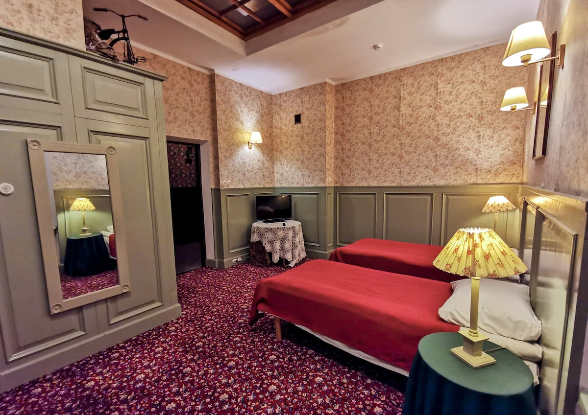 The room features two beds dressed in red bedding, positioned beside nightstands with patterned lamps. A mirror reflects the space, while a small television is visible on a nearby table. Floral wallpaper and patterned carpet add texture to the environment.