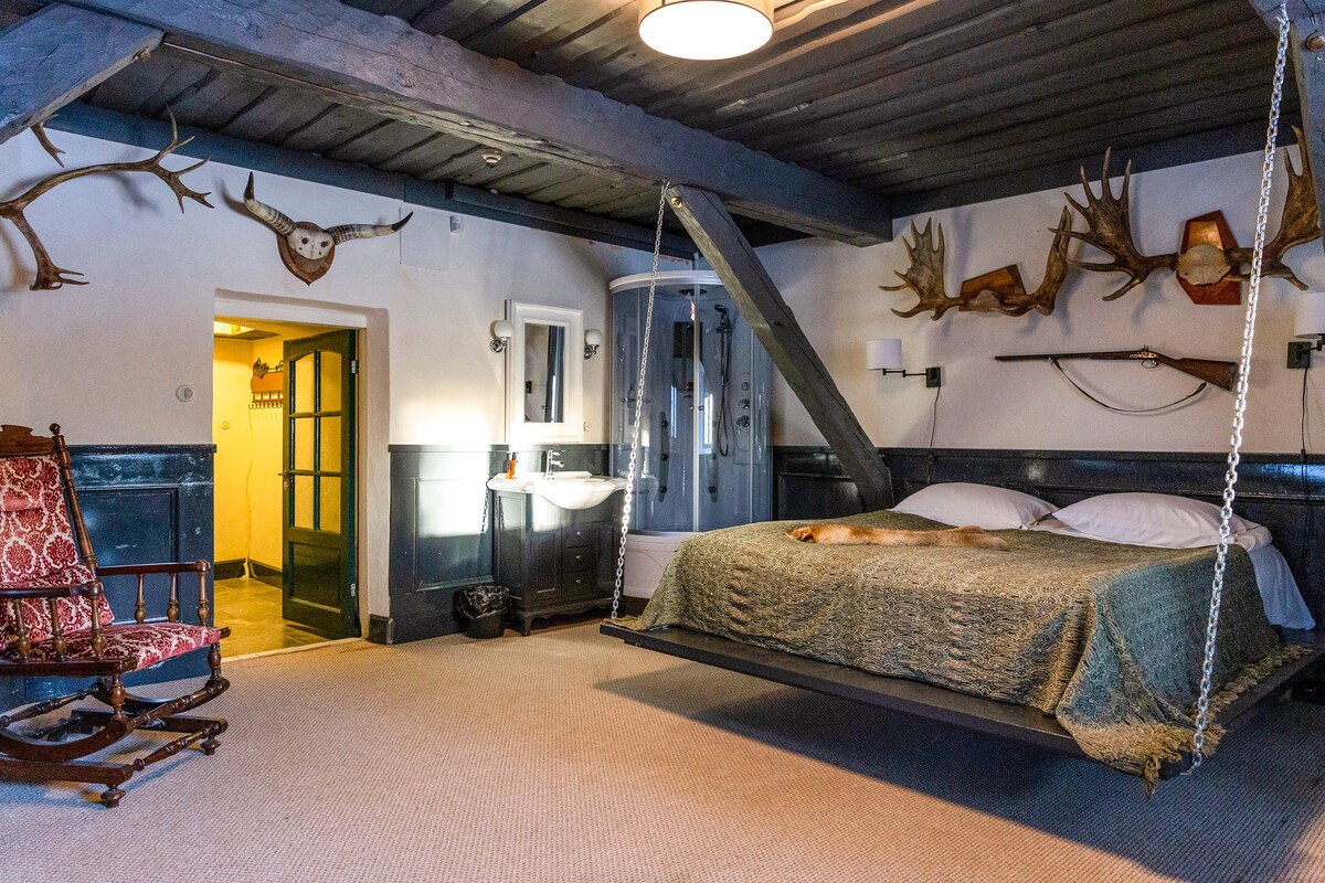 A unique sleeping area features a suspended bed adorned with a textured blanket. Walls are decorated with mounted antlers and rustic decor, while a rocking chair offers additional seating. Soft lighting is provided by a ceiling fixture, and an en suite bathroom is visible through an open door.