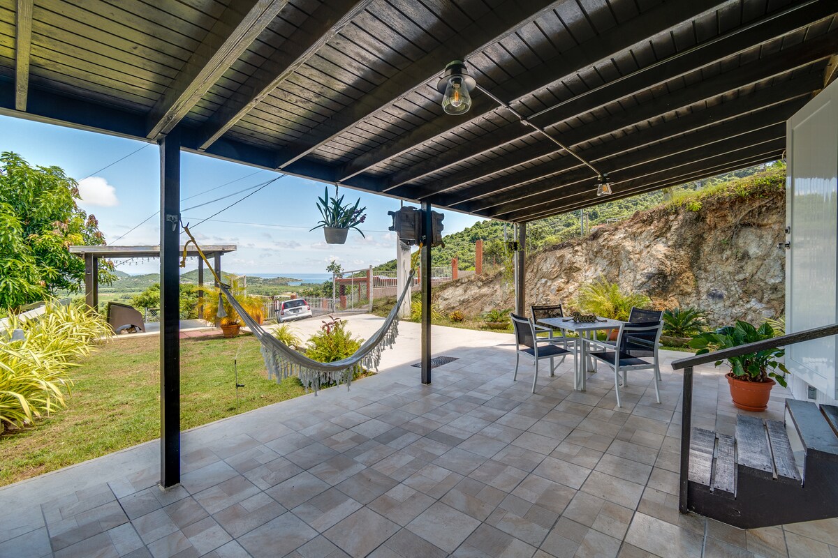 A covered outdoor patio is featured, furnished with a dining table and chairs. A hammock is suspended nearby, and the ground is paved with large tiles. Surrounding greenery and distant hills create a serene backdrop, while a driveway is visible in the background.