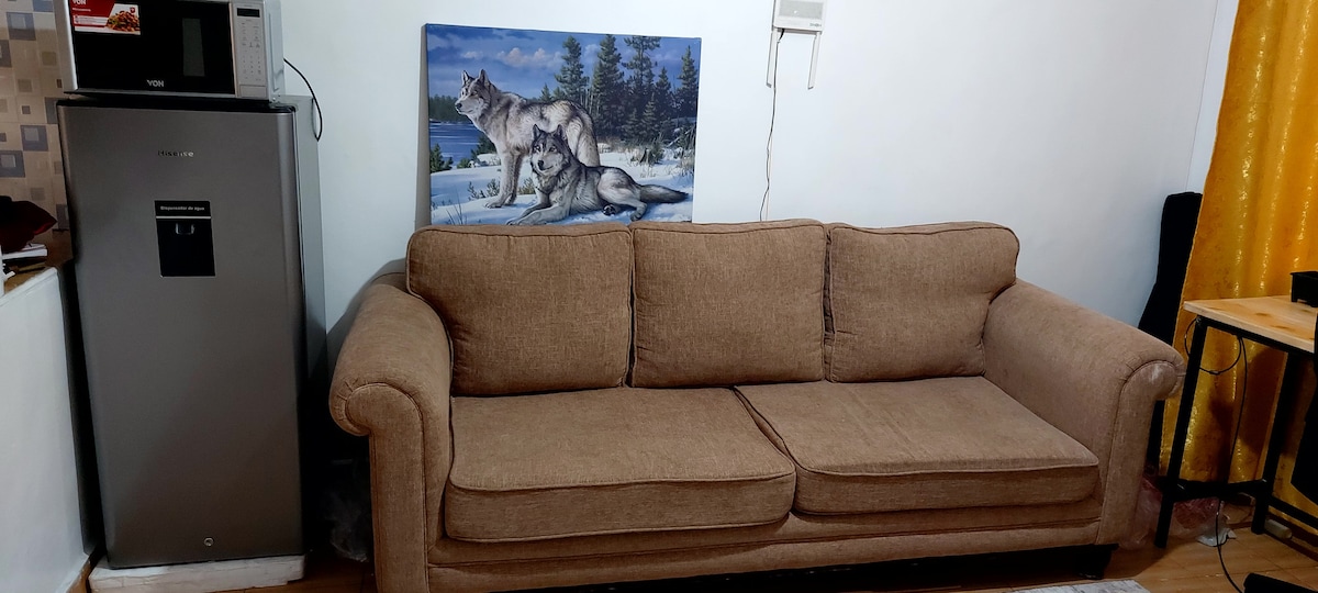 A comfortable brown couch is positioned against a wall, accompanied by a large painting of wolves in a snowy landscape. A silver refrigerator stands nearby, and a microwave is placed above it, offering convenient amenities within the space.