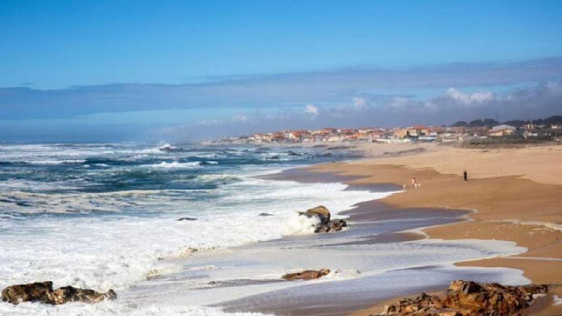 A sandy beach extends along the coastline, with gentle waves lapping at the shore. In the distance, a small fishing village is visible, featuring rows of houses against a backdrop of clear blue skies and soft, white clouds. The scene embodies a serene coastal atmosphere.