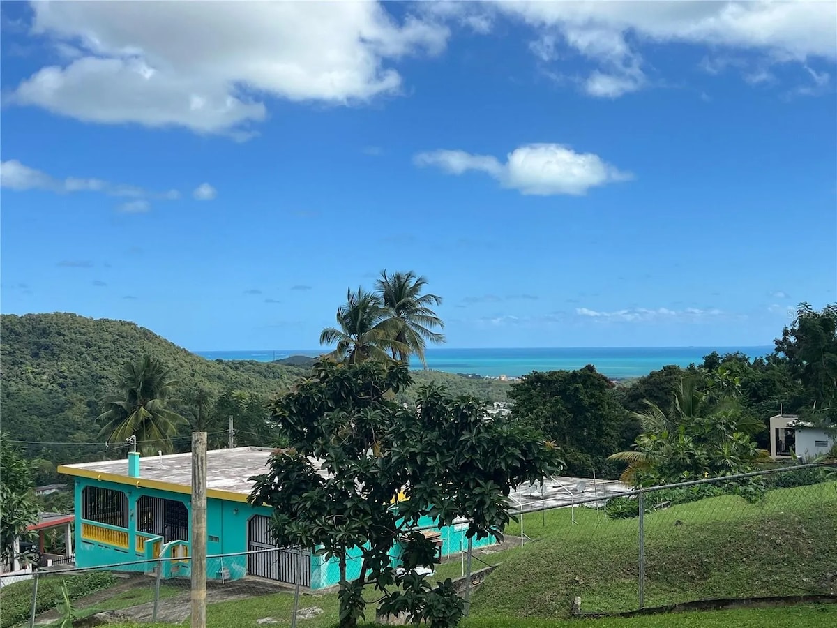 A scenic view of the property from a hillside, showcasing vibrant green trees and expansive ocean views. The turquoise home is framed by lush mountains under a clear blue sky with scattered clouds, reflecting the tranquil atmosphere of Ceiba.