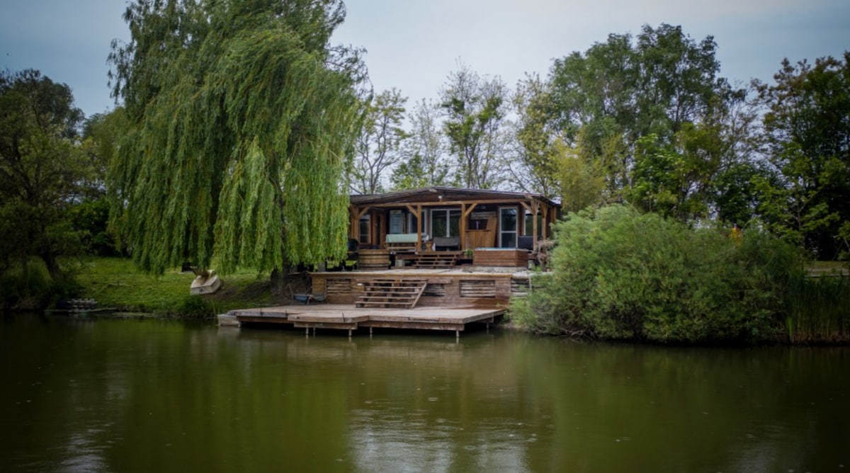 A wooden house is positioned by a tranquil lake, surrounded by lush greenery. A spacious deck with steps leads to the water's edge, providing access for relaxing and enjoying nature. The landscape features tall trees and shrubs that enhance the serene environment.