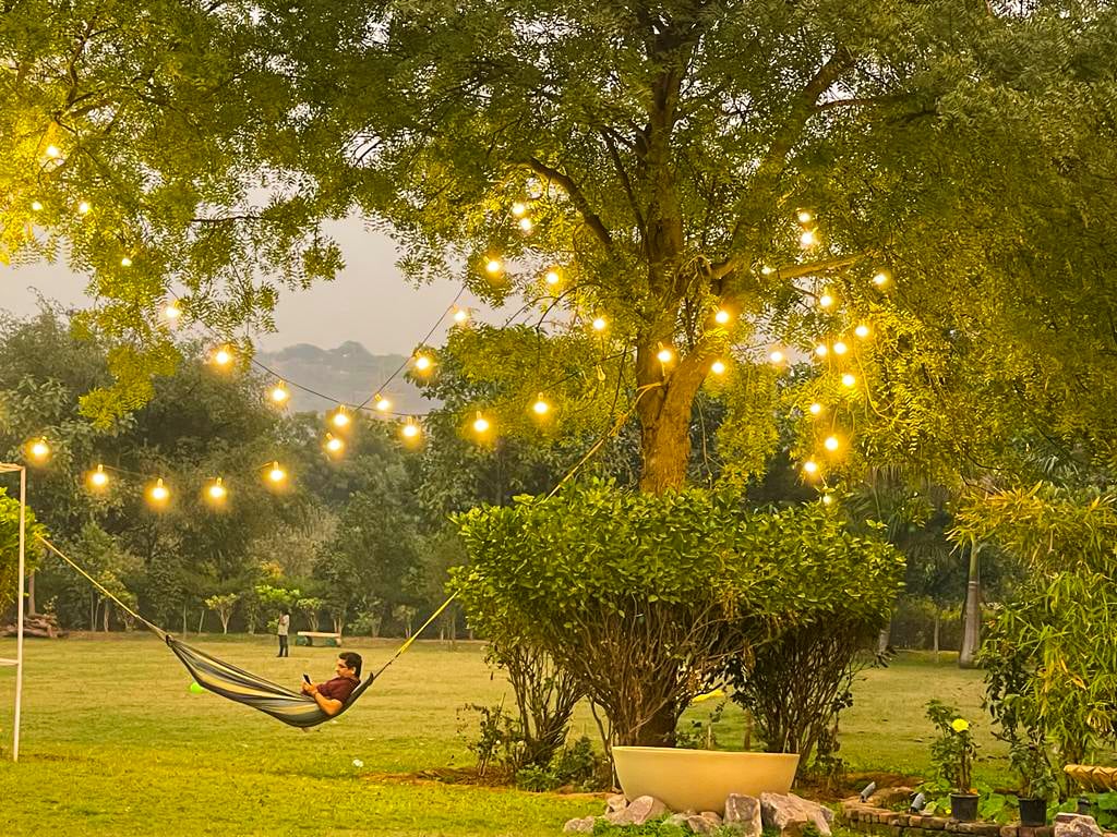 A hammock is gently swaying under a large tree adorned with warm, glowing string lights. Lush greenery surrounds the area, offering a peaceful setting for relaxation. In the background, soft hills outline the landscape, enhancing the serene atmosphere.