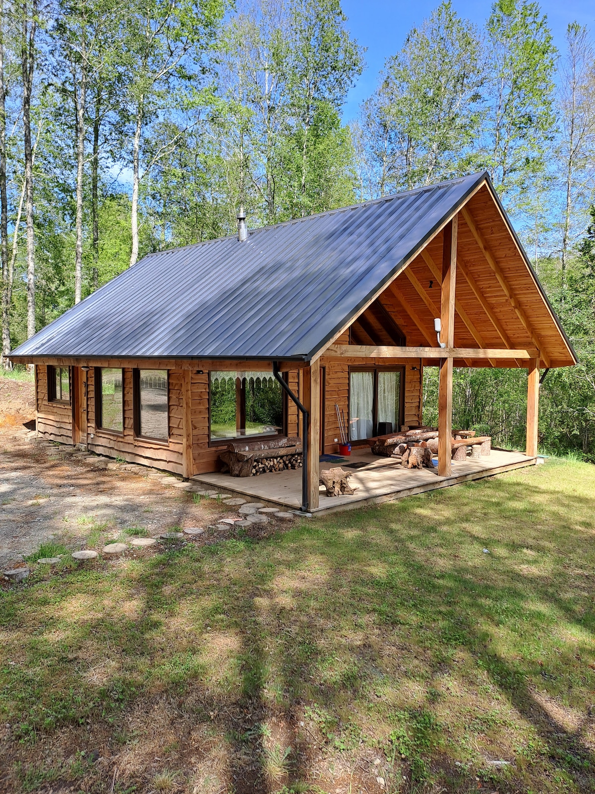 A cabin constructed from natural wood is featured, showcasing a sloped metal roof. Large windows provide ample light and a connection to the surrounding greenery. A covered porch with outdoor seating and wood storage enhances the inviting outdoor space.