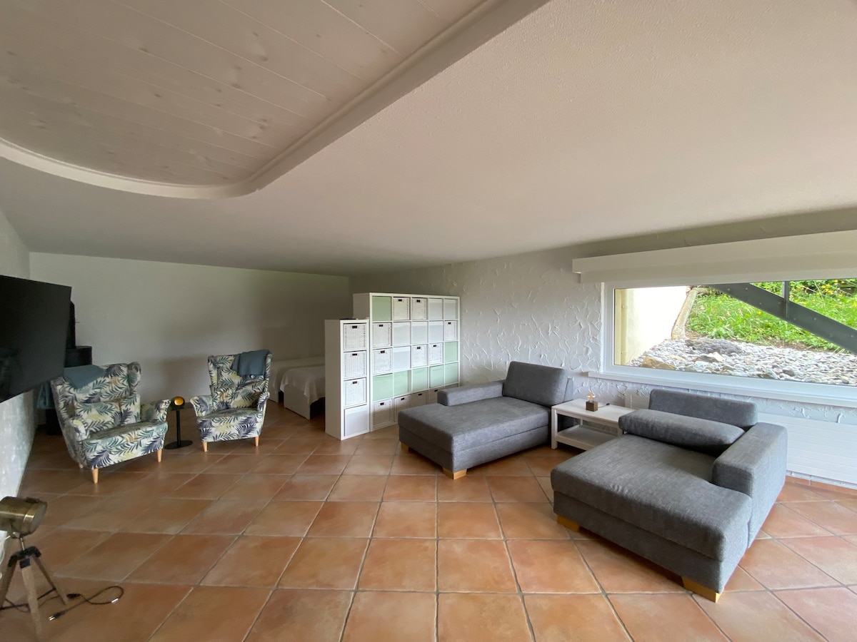 A spacious living area is presented, featuring a large sectional sofa and two floral armchairs. A low coffee table sits in front of the sofa. A storage unit with multiple compartments is positioned against the wall. Natural light enters through a wide window, illuminating the tiled floor.