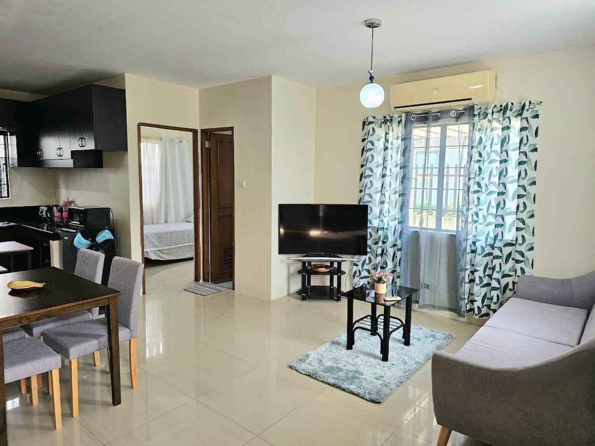 The living area features a modern design with a comfortable gray sofa, a glass coffee table, and a dining table with four chairs. Light filters through the window, which is draped with patterned curtains. A television is positioned against a neutral wall, enhancing the space's functionality.