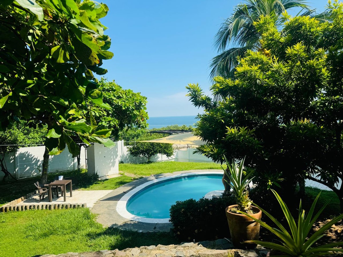 A serene outdoor area is highlighted by a circular pool, surrounded by lush greenery and tropical plants. The ocean can be seen in the distance, complementing the vibrant blue sky above. A small wooden table and chairs are placed on the grass, providing a space for relaxation.