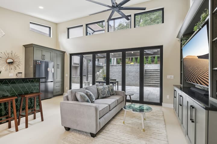 The main living space, glass doors closed