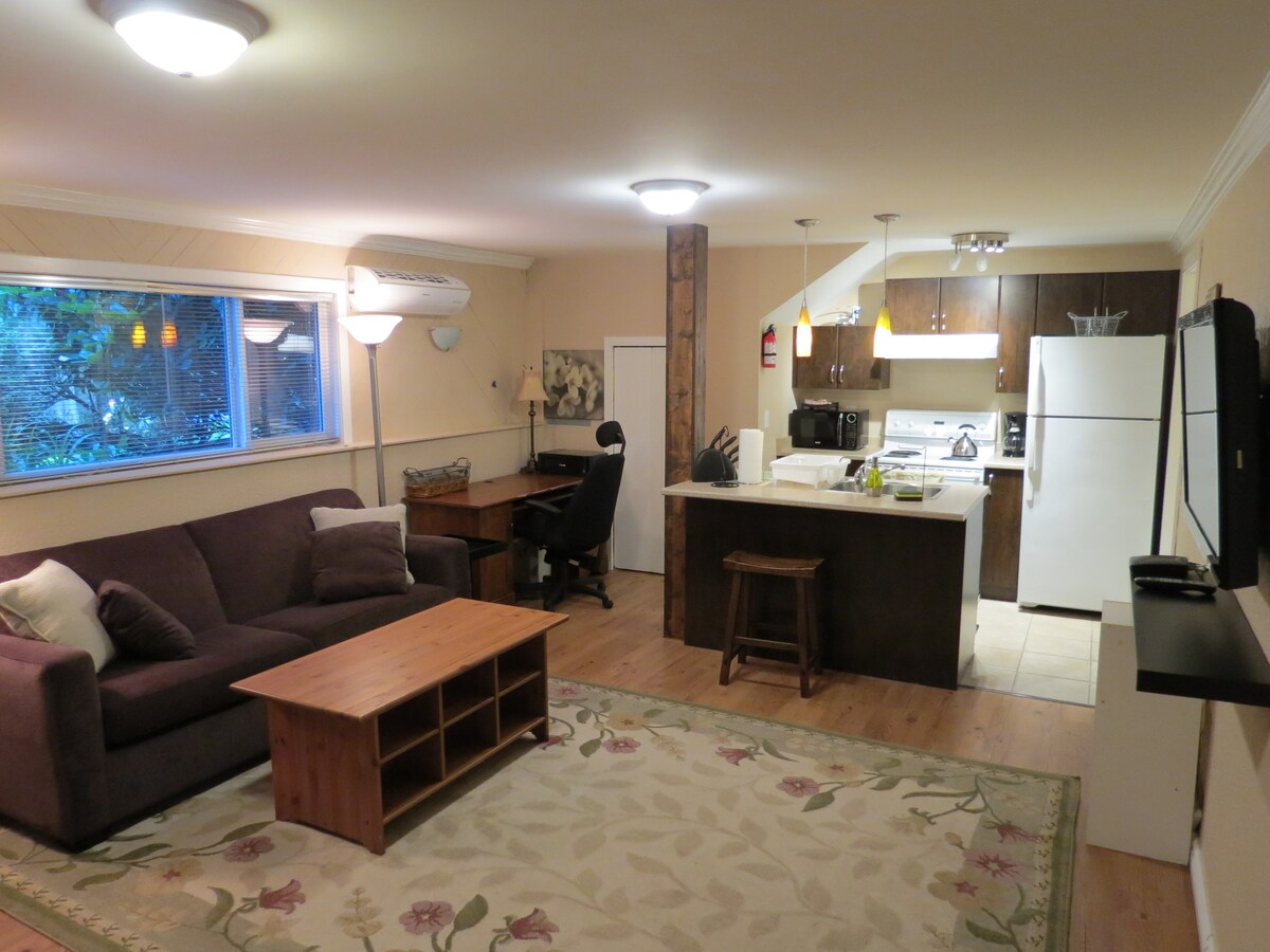 A spacious living area features a cozy sofa and a wooden coffee table. The kitchen, equipped with modern appliances, includes a breakfast bar and is open to the living space. Natural light streams in through a large window, complementing the warm wood flooring.