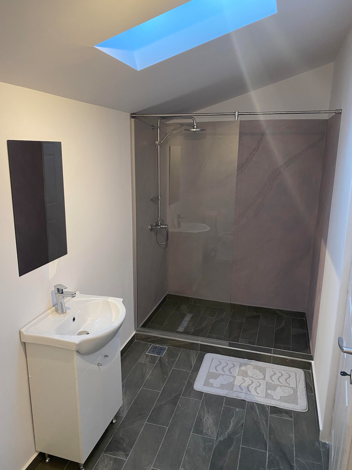 A modern bathroom is showcased, featuring a sleek shower with glass panels and a contemporary sink unit. A skylight allows natural light to fill the space, while dark tiles add a sophisticated touch. A soft bath mat lies on the floor to enhance comfort.