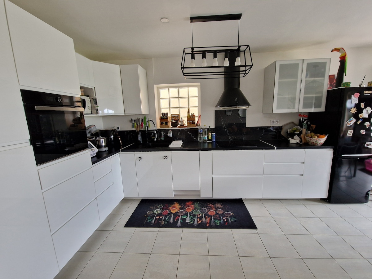 A modern kitchen is shown, featuring sleek white cabinetry and a black countertop. Stainless steel appliances, including an oven and a hood, are clearly visible. A decorative rug adds color, while bright light enters through a window, illuminating the space.