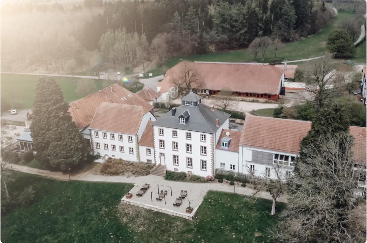 An aerial view showcases the spacious property, consisting of a central building with a classic facade and multiple adjacent structures. The surrounding green landscape is framed by trees, and outdoor seating areas are visible, inviting relaxation amid nature.