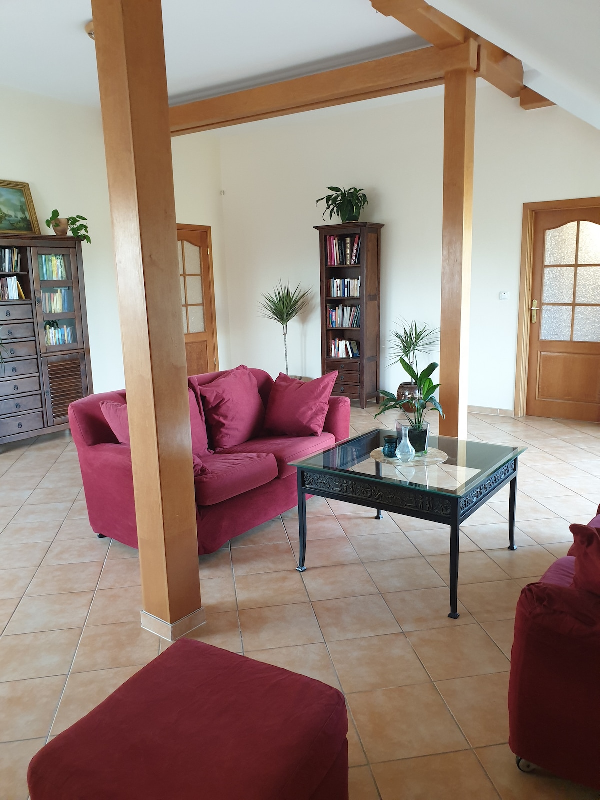 A comfortable living area is highlighted by plush red sofas and a glass-topped coffee table. Tall bookshelves line the walls, filled with books and decorative plants, contributing to an inviting ambiance. Natural light enters through nearby windows, enhancing the space's openness.