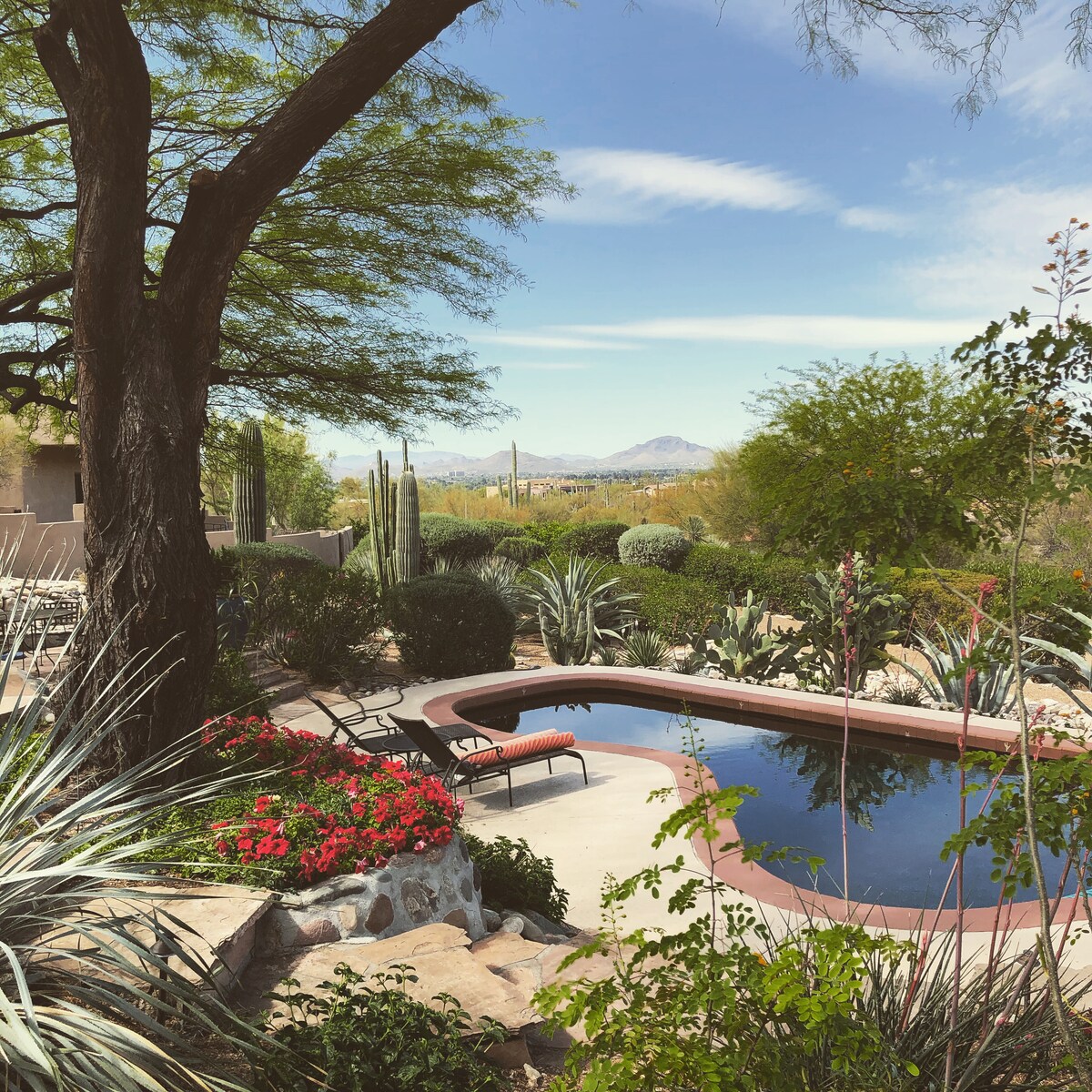 A tranquil pool area is surrounded by desert vegetation and colorful flowers. Large cacti and lush greenery frame the scene, with distant mountain views visible under a clear sky. A single lounge chair is positioned near the pool's edge, inviting relaxation.