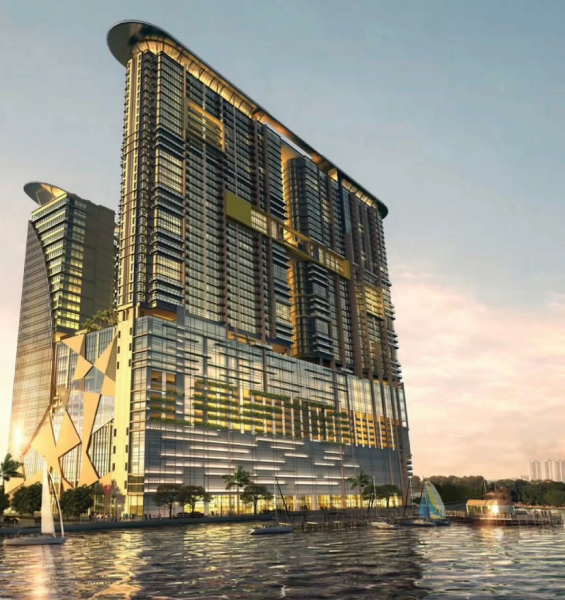 An elegant high-rise building with a modern glass façade is observed, reflecting the warm hues of sunset. Nearby, a body of water features small sailboats, while palm trees line the waterfront, contributing to a serene urban atmosphere.