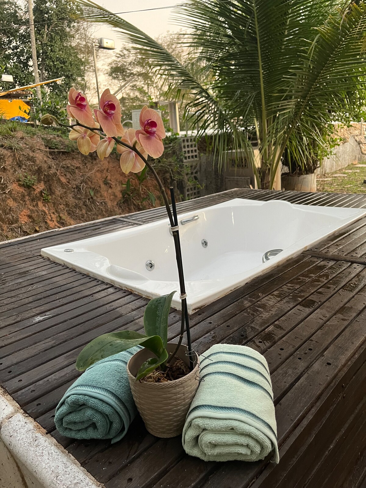 A tranquil outdoor setting features a white hot tub surrounded by wooden decking. A green palm tree and natural landscaping provide a relaxing backdrop. A potted orchid with pink blooms stands next to two stacked towels in soft hues, enhancing the serene ambiance.