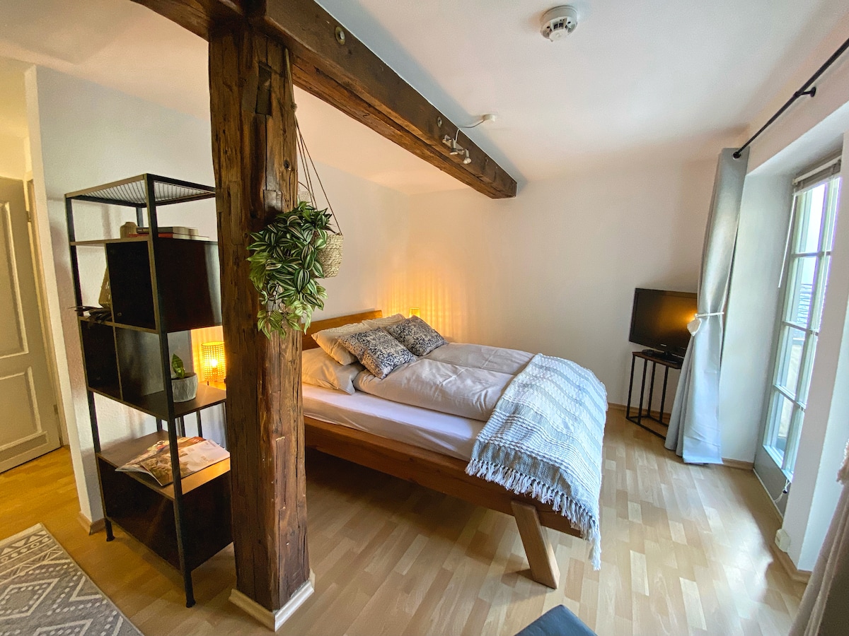 A cozy sleeping area is defined by wooden beams and soft lighting. The spacious bed is adorned with comfortable bedding and decorative pillows. A small TV on a stand is situated beside the window, with a plant hanging from the ceiling, contributing to a calming atmosphere.