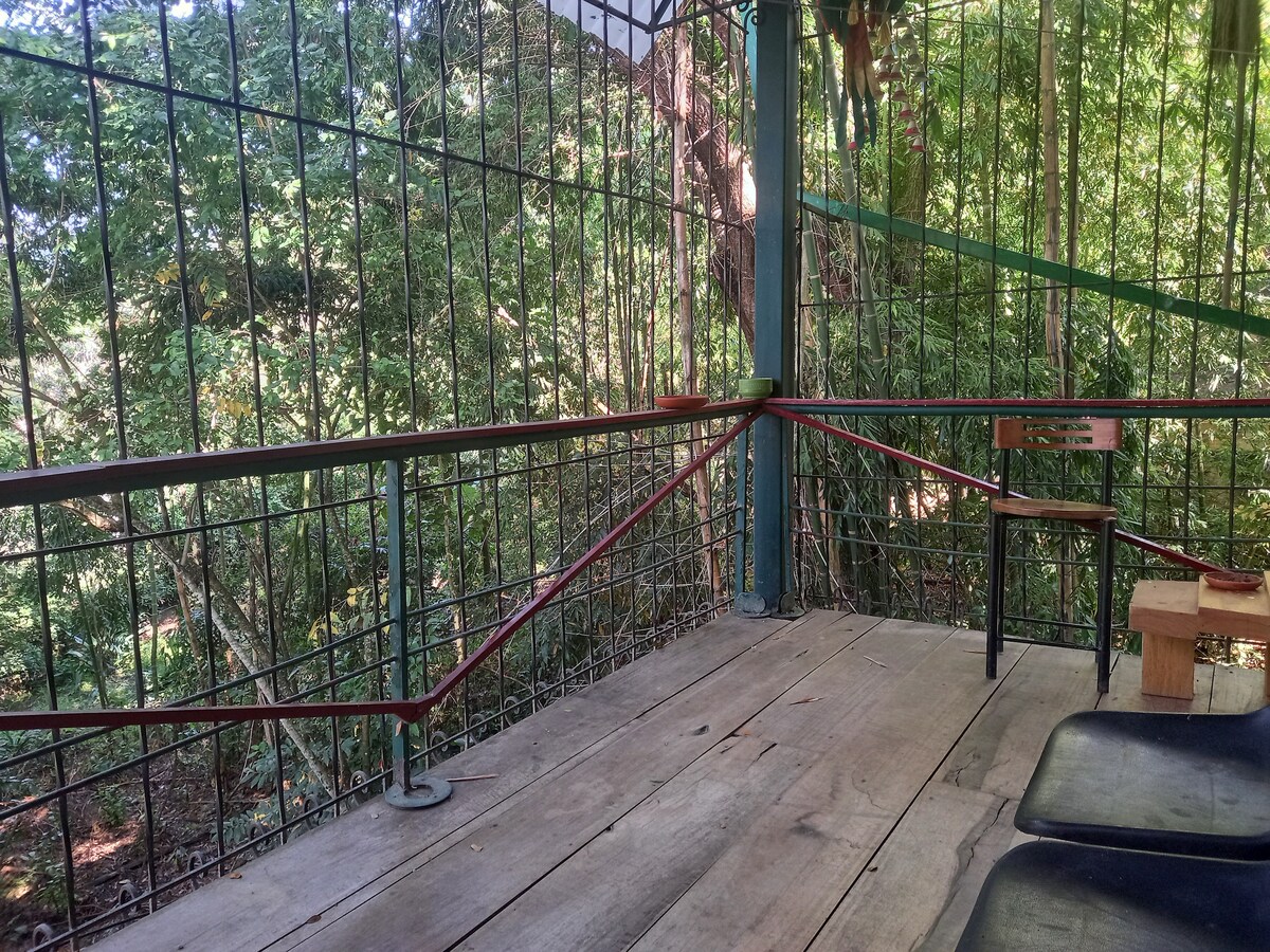 A shaded outdoor balcony area features wooden flooring and railings, offering a view of the surrounding trees and nature. A single chair and a small table are positioned on one side, providing a peaceful spot for relaxation amidst the greenery.
