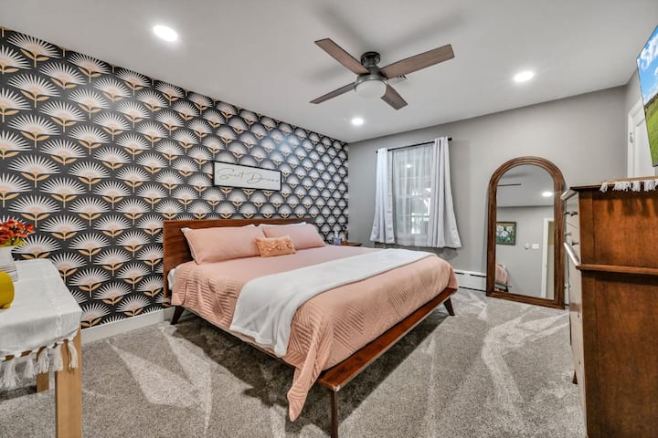 Sweet dreams should be assured on the brand new King bed/mattress with a bedside noise machine.  