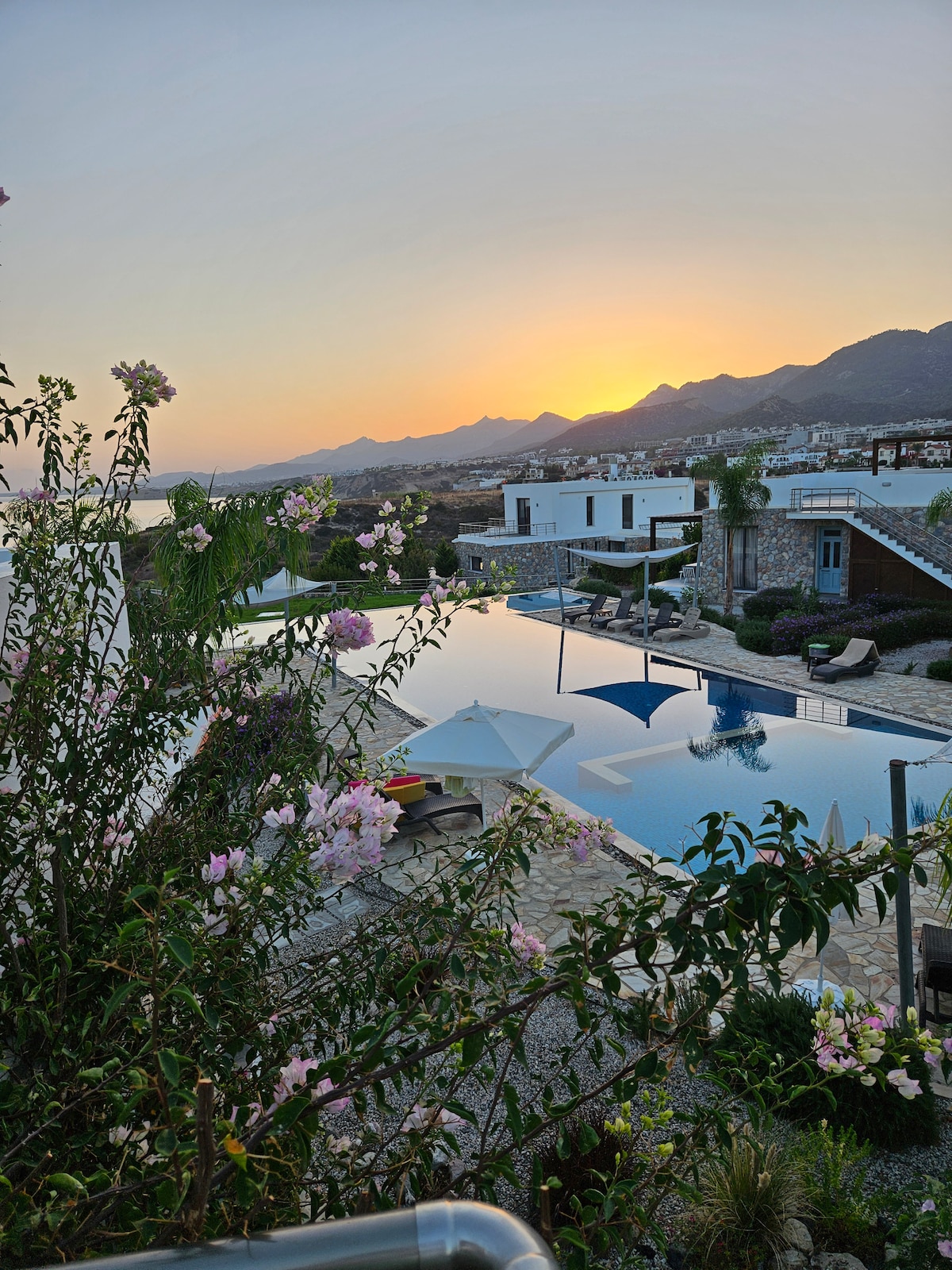 The serene outdoor area features a large infinity pool reflecting the colors of a sunset, surrounded by blooming flowers. Mountain ranges frame the background, and modern white buildings line the edge of the property, creating a harmonious blend of nature and architecture.